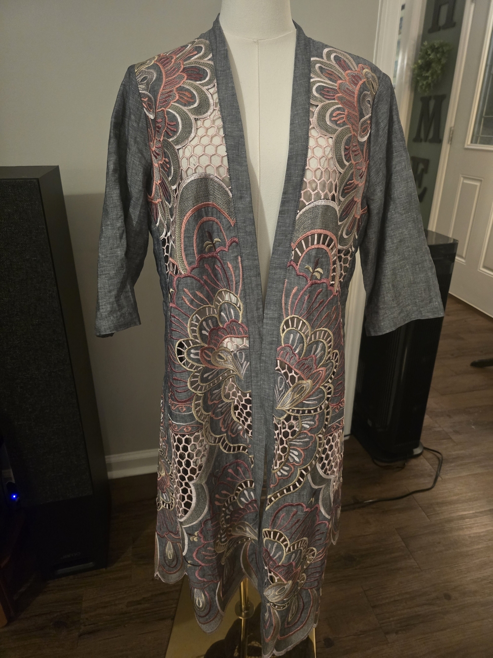 Chico's Gray Embroidered Open-Front Floral Duster with Pink and Cream Accents